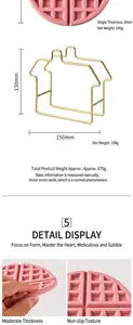 Detailed view of silicone waffle placemat with gold metal holder and dimensions