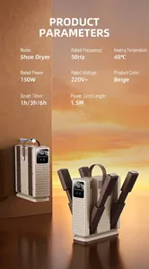 Technische Spezifikationen für den elektrischen Schuhtrockner mit 150W Timer in Beige