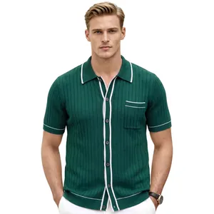 Men's green ribbed knit polo cardigan with white contrast piping and lapel collar