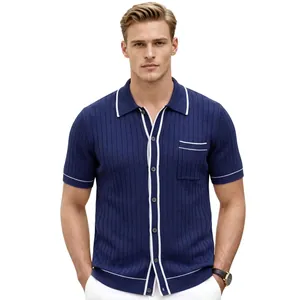 Men's navy ribbed knit short sleeve polo cardigan with white contrast trim and buttons.