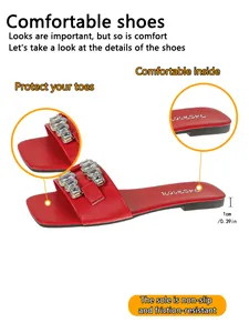 Détails de sandales plates rouges pour femmes avec boucles en cristal et talon de 1 cm