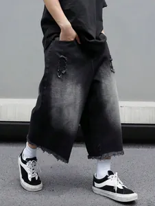 Pantaloncini in Denim Uomo American Vintage Lavato Distressed Bordo Sfilacciato Pantaloni Capri Sfumati Streetwear Larghi Casual