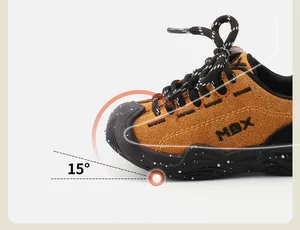 Close-up of toddler sneakers showing the 15-degree anti-collision toe design for safety.