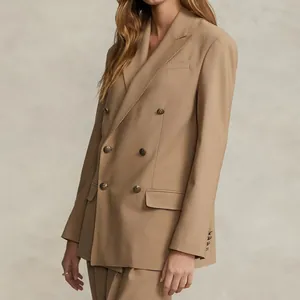 Elegant tan double-breasted blazer for women with high-end ornate brass buttons