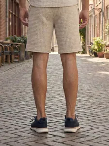 Men's beige waffle textured casual shorts set for a trendy summer street fashion look