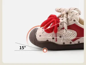 Close-up of infant walking shoe featuring an ergonomic 15-degree toe cap design