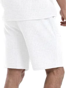 Close-up of white waffle knit shorts set for men with premium breathable fabric