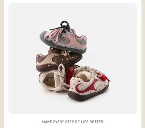 Detailed view of stacked toddler walking sneakers showing breathable mesh and non-slip soles