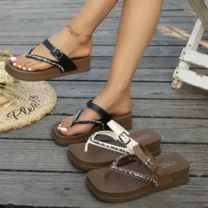 Women's thick sole platform thong sandals shown in multiple colors on a wooden deck
