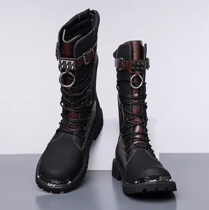 Punk style high-top leather combat boots with metal studs and iron toe cap for men