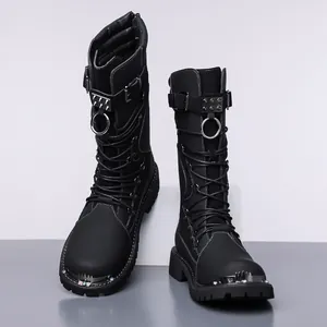 Men's high-top punk combat boots with metal steel toe and stud details in black