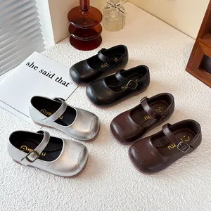 British Style Kids Mary Jane Shoes For Girls Square Toe PU Leather Soft Sole Princess Shoes Velcro Fashion Casual Flats