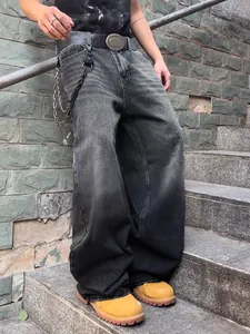 Jeans Homme American Vintage Dégradé Lavé Jambe Large Distressed Baggy Curved Denim Pantalon Streetwear Ample Long