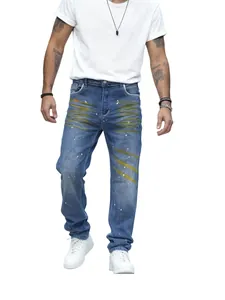 Jeans dritti alla moda da uomo con strisce gialle e schizzi di vernice bianca