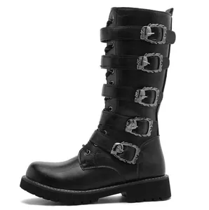 Punk style black leather knee-high boots with five decorative metal buckles and thick soles.