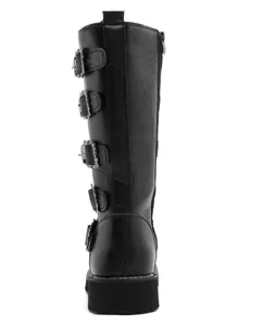 Detailed rear view of tall black riding boots with five adjustable buckle straps