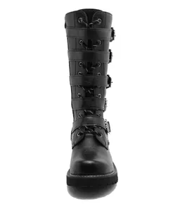 Front view of black high-top knee boots with multiple buckle straps and laces