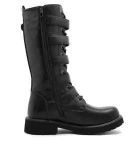 Black men's knee-high combat boots with multi-buckle straps and side zipper detail.