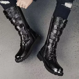 Men's gothic black high-top leather western boots with multiple buckle straps and side zipper
