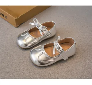 Chaussures de princesse argentées pour filles avec noeud et bride velcro