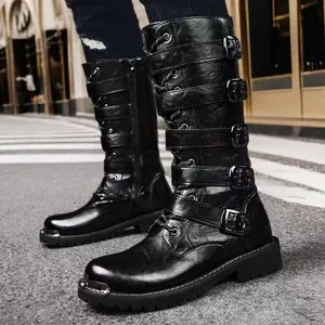 Gothic punk style men's black high-top leather boots featuring multiple buckle straps and laces