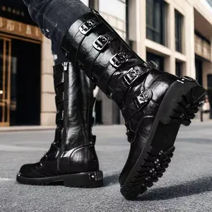 Men's high-top black leather boots with multi-buckle straps, western knight style boots