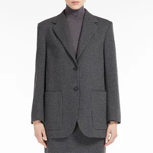 Eleganter grauer Hahnentritt-Blazer für Damen mit hochwertigen japanischen Hornknöpfen