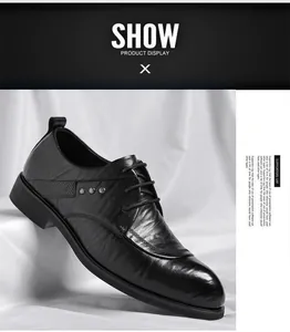 Detail view of men's black dress shoe featuring hand-scratched leather texture and studs.