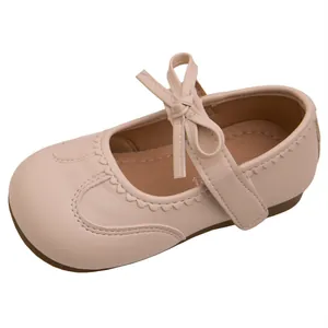 Élégantes chaussures de princesse Mary Jane beige pour filles avec nœud et semelle souple