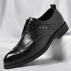 Men Business Dress Shoes British Pointed Toe Lace-up Recycled Leather Hand-brushed Texture Formal Shoes for Office Wedding