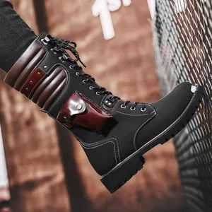 Men's high-top tactical leather boots featuring a side pocket and rugged non-slip sole.