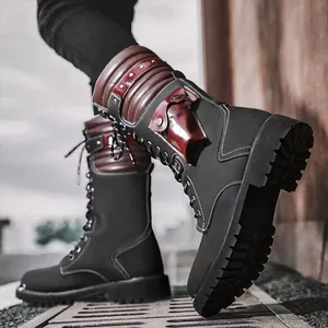 High-top men's winter tactical Martin boots with burgundy accents and pocket detail