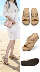 Casual beige platform sandals with metal buckle shown in beach setting and studio views