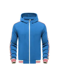 Men's athletic blue zip-up hoodie featuring contrast striped cuffs and sleeve details.