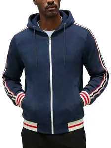 Close-up of men's navy blue zip-up hoodie featuring red and white striped sleeve webbing