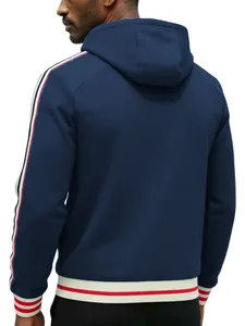 Rear detail view of navy blue men's hoodie with striped tape sleeves and ribbed hem