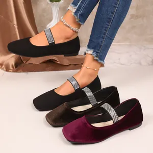 Dames Vierkante Teen Suède Platte Schoenen Strass Band Casual Comfortabel Lage Hak Slip-On Loafers Avondfeest Schoenen