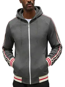 Detailed view of a grey zip-up hoodie with red and white striped sleeve accents