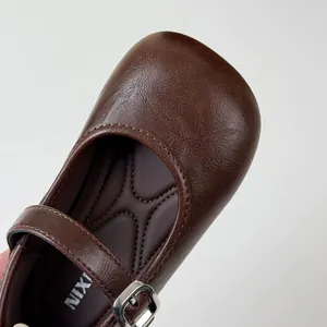 Classic brown leather Mary Jane shoes for girls with soft padded insole and silver buckle detail