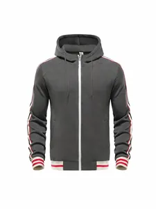 Detailed front view of men's grey zip-up hoodie with red and white striped ribbon sleeves.