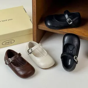 Classic girls' leather Mary Jane shoes with soft soles in black, brown, and beige