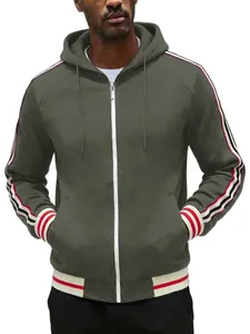 Close-up of olive green zip-up hoodie with red and white striped sleeve details