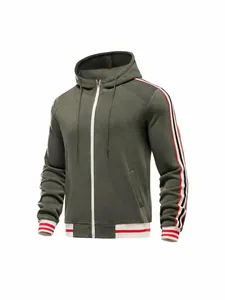 Detailed view of the striped sleeves and zipper on this army green men's hoodie.