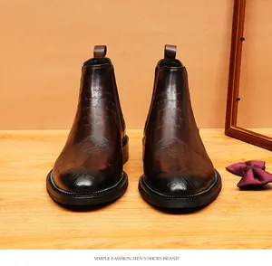 Retro brown leather Chelsea boots for men with unique script engraving