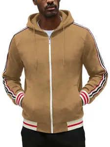 Detail of men's tan zip-up hoodie featuring contrast striped webbing on sleeves