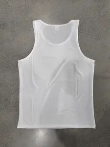 Detailed flat lay of a white quick-dry athletic tank top designed for men's fitness training