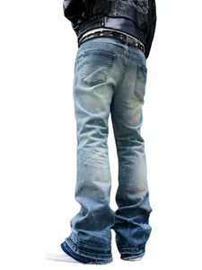 Men's American retro washed distressed jeans with splash ink and relaxed wide-leg fit