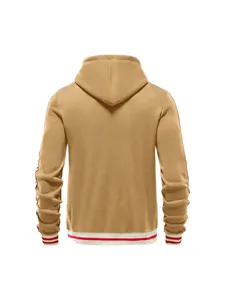 Back view of khaki men's drawstring hoodie with red and white striped sleeve details