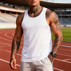 Detailed view of white quick-dry sports tank top for men in an athletic stadium setting