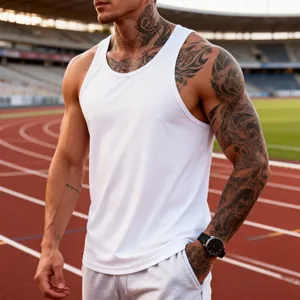 Athletic fit white quick-dry gym tank top for men shown on a running track backdrop